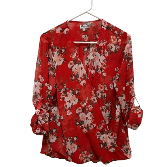 KUT From The Kloth Jenalee Surplice Wrap Blouse Size L Red Pink Floral Roll Tab - Picture 1 of 13